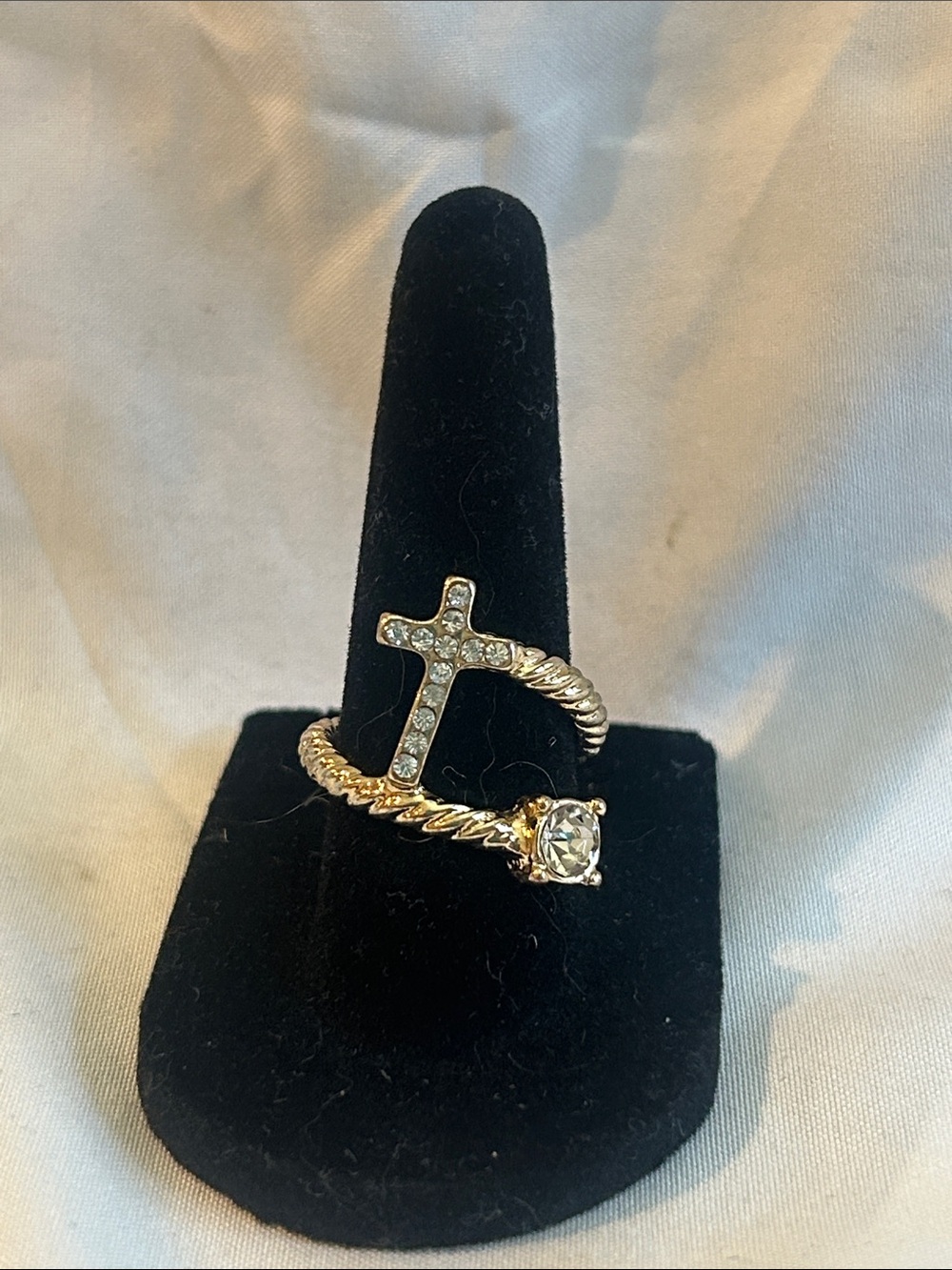 Gold-Tone Crystal Cross & Solitaire Ring - Women Jewelry